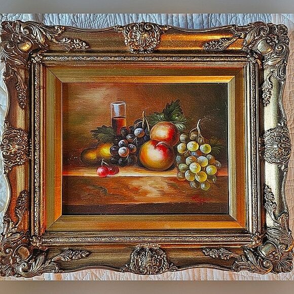 Renoir-Baroque-style Fruit Oil? Painting Signed Ornate Golden Frame 15x14x2 - Picture 2 of 8
